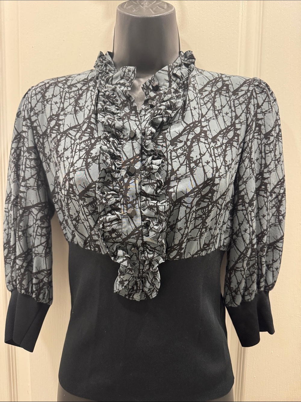 Sandra Angelozzi Black & Gray Ruffle-Front Blouse